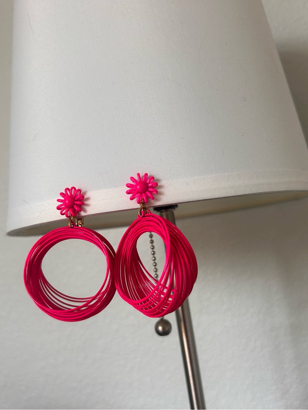 Vintage VENDOME Neon Hot Pink Flower & Hoop Clip-On Earrings Statement Jewelry